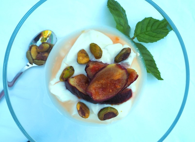 Yoghurt  with figs poached in rose water & pistachio